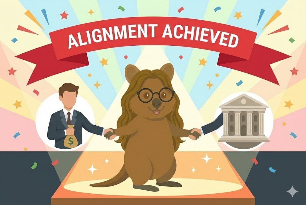 Quokka celebrating alignment with partners