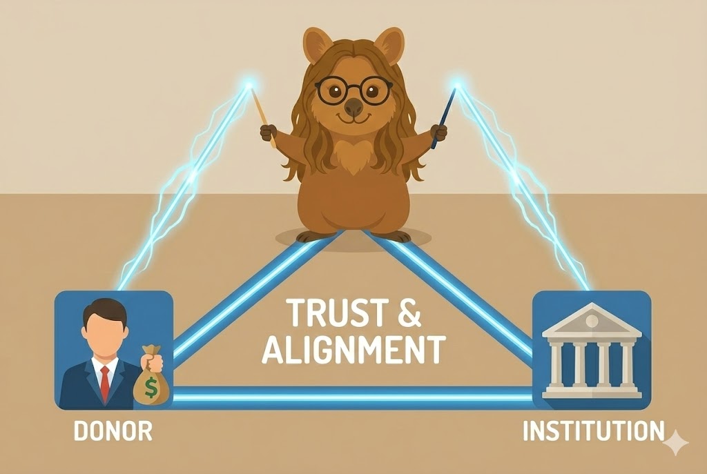 Quokka conducting a triangle between donor and institution