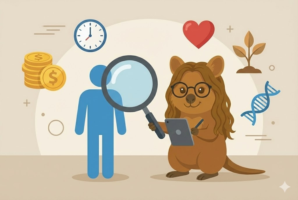 Quokka analyzing donor motives with a magnifying glass